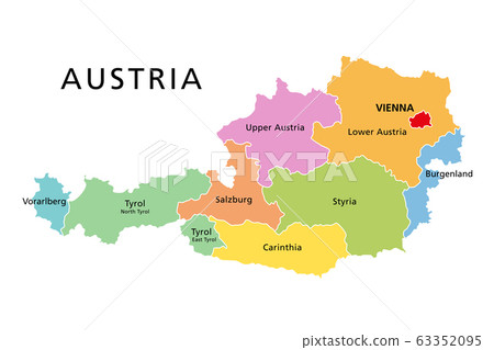 Austria, political map, with colored federated states, the capital Vienna and the borders. English labeling. Isolated illustration on white background. Vector. 63352095