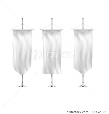 Vertical banners hanging on a metal flagpole white flags template. 63352103