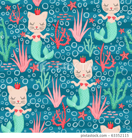Mermaid cats seamless pattern. Cute Kittys with... - Stock Illustration ...