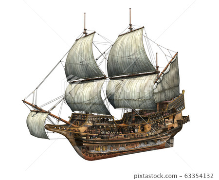 Golden Hind galleon cutaway 3d illustration. 63354132