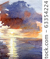 Watercolor blue sunset dawn sun rays gentle color juicy texture illustration landscape reflection shining clouds sky. Overcast clouds 63354224