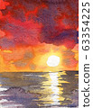Watercolor red sunset dawn sun rays gentle color juicy texture illustration landscape reflection shining clouds sky. Overcast clouds 63354225
