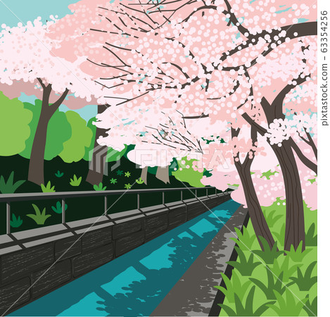 Hand drawn blooming sakura alley vector poster 63354256
