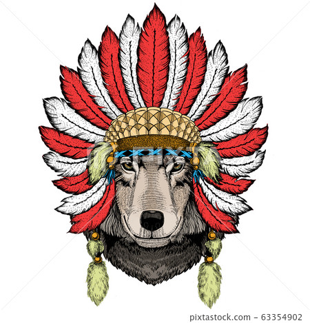 Wolf portrait. Head of wild animal. Indian headdress with feathers. Boho style. 63354902