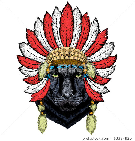 Black panther, puma. Head of animal. Wild cat portrait. Indian headdress with feathers. Boho style. 63354920