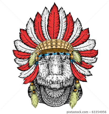 Alligator. Portrait of african agressive animal. Indian headdress with feathers. Boho style. Alligator. Portrait of african agressive animal. Indian headdress with feathers. Boho style. 63354956