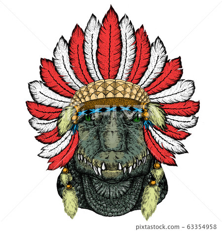 Alligator. Portrait of african agressive animal. Indian headdress with feathers. Boho style. Alligator. Portrait of african agressive animal. Indian headdress with feathers. Boho style. 63354958