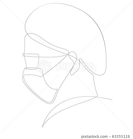 One continuous line drawing medical face mask. Concept of coronavirus. continuous single drawn one line surgeon hand-drawn picture silhouette. Line art. Doodle vector illustration One continuous line drawing medical face mask. Concept of coronavirus. continuous single drawn one line surgeon hand-drawn picture silhouette. Line art. Doodle vector illustration 63355128