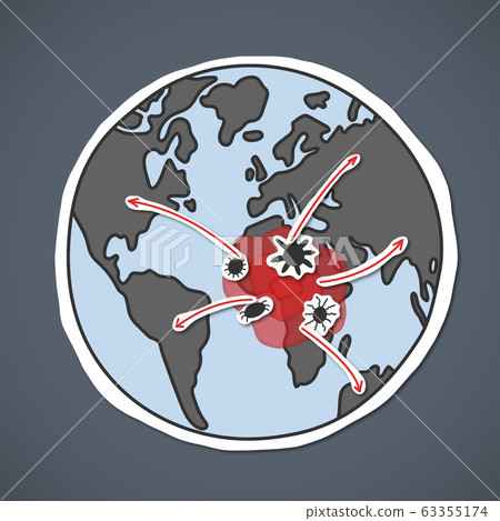 Illustration with planet and virus spreading from Africa to other continents on grey background 63355174