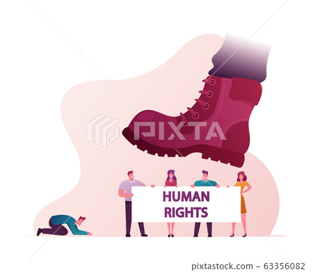 Human Right Concept. Male and Female Characters Stand with Banner on Demonstration under Huge Boot Trying to Trample People. Frightened Humiliated Man Standing on Knees. Cartoon Vector Illustration Human Right Concept. Male and Female Characters Stand with Banner on Demonstration under Huge Boot Trying to Trample People. Frightened Humiliated Man Standing on Knees. Cartoon Vector Illustration 63356082