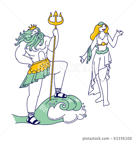 Olympic Gods Poseidon or Neptune Wearing Crown and Trident, God of Sea and Ocean and Aphrodite or Venus Goddess of Love and Beauty. Greek Myths and Legend Characters. Linear People Vector Illustration 63356108