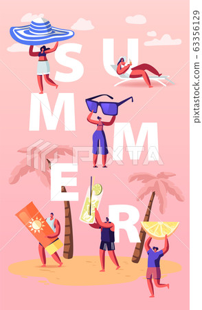 Summer Time Season Concept. People Enjoying Summertime Vacation, Relaxing on beach. Male and Female Characters Tanning on Seaside of Exotic Resort Poster Banner Flyer. Cartoon Vector Illustration Summer Time Season Concept. People Enjoying Summertime Vacation, Relaxing on beach. Male and Female Characters Tanning on Seaside of Exotic Resort Poster Banner Flyer. Cartoon Vector Illustration 63356129