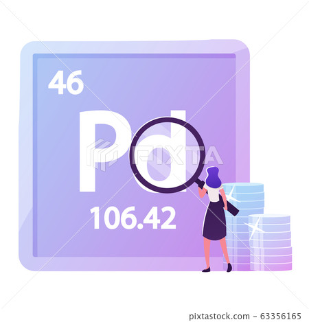 Tiny Female Character Looking through Huge Magnifying Glass at Palladium Mendeleev Table Chemical Element. People Using Pd Metal in Life. Laboratory Research, Chemistry. Cartoon Vector Illustration 63356165