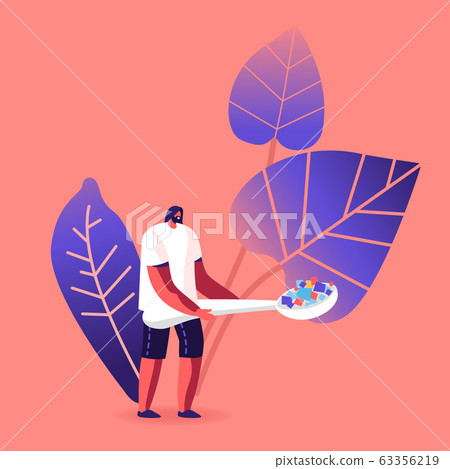 Tiny Male Character Holding Huge Spoon with Pile of Microplastic Pieces Floating in Drinking Water. Volunteer Explore Ecological and Earth Nature Pollution Problem Concept. Cartoon Vector Illustration 63356219