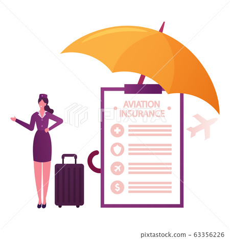 Aviation Insurance Concept. Stewardess Character with Baggage at Huge Paper Policy Document under Umbrella and Flying Airplane. Air Travel Financial Guarantee Contract. Cartoon Vector Illustration Aviation Insurance Concept. Stewardess Character with Baggage at Huge Paper Policy Document under Umbrella and Flying Airplane. Air Travel Financial Guarantee Contract. Cartoon Vector Illustration 63356226
