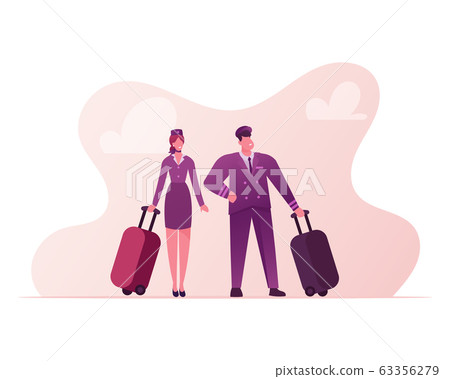 Aviation Insurance Concept. Pilot and Stewardess Characters with Luggage Prepare Flying on Airplane. Air Travel Protection Guarantee, Aircraft Crew Profession. Cartoon People Vector Illustration 63356279