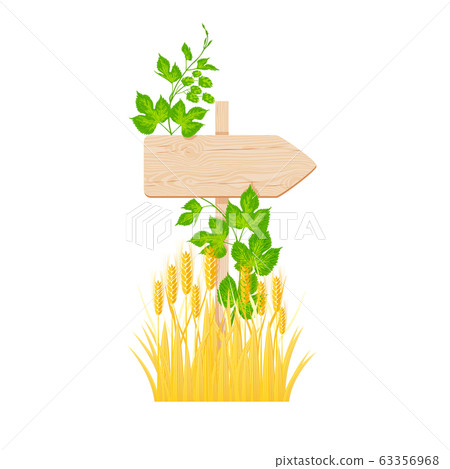 Wooden arrow signboard, hop branch and barley Wooden arrow signboard, hop branch and barley 63356968