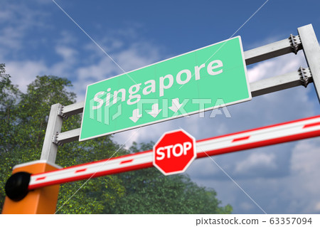 Road closure near Singapore road sign. Coronavirus or some other disease quarantine related 3D rendering 63357094