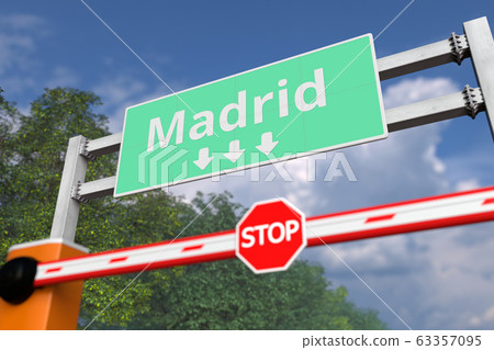 Road closure near Madrid, Spain road sign. Coronavirus or some other disease quarantine related 3D rendering Road closure near Madrid, Spain road sign. Coronavirus or some other disease quarantine related 3D rendering 63357095