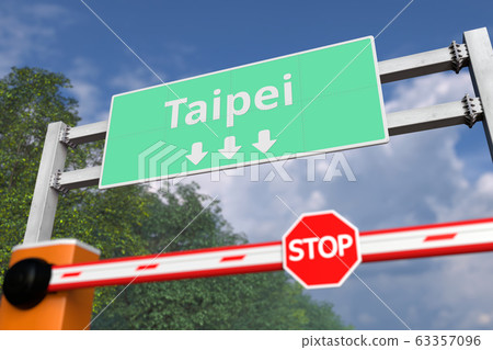 Barrier gate at Taipei road sign, Taiwan. Conceptual coronavirus or some other disease quarantine related 3D rendering Barrier gate at Taipei road sign, Taiwan. Conceptual coronavirus or some other disease quarantine related 3D rendering 63357096