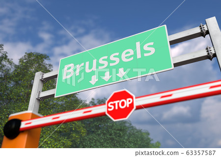 Boom gate near Brussels, Belgium road sign. Coronavirus or some other disease quarantine related 3D rendering 63357587