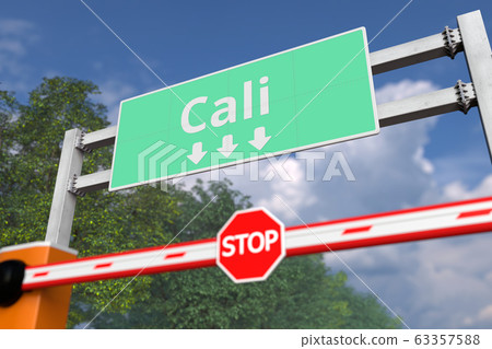 Barrier with STOP sign near the city of Cali, Colombia road sign. Coronavirus or some other disease quarantine related 3D rendering 63357588
