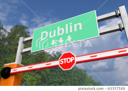 Road block near Dublin, Ireland road sign. Coronavirus or some other disease quarantine related 3D rendering 63357589