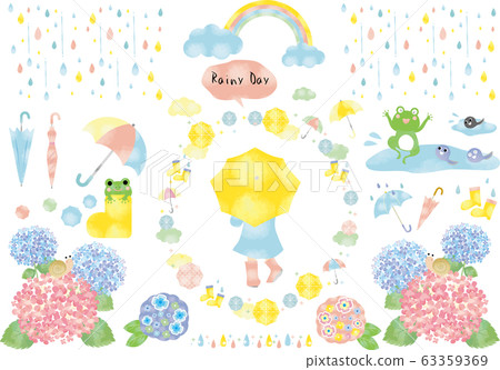 Rain: rain, drop, raindrop, raincoat, rain boots, umbrella, boots, hydrangea, frog, puddle, tadpole 63359369