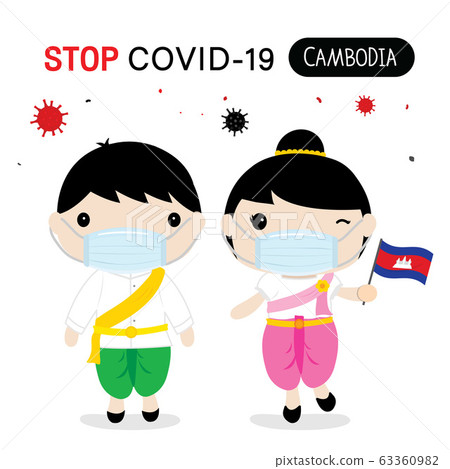 Cambodia People to Wear National Dress and Mask to Protect and Stop Covid-19. Coronavirus Cartoon Vector for Infographic.   63360982