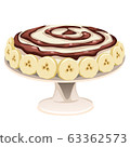 Banana cake with chocolate cream isolated on white background. Illustration for a recipe book of tasty and healthy food. Vector cartoon close-up illustration. 63362573