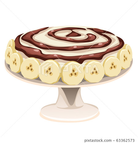 Banana cake with chocolate cream isolated on white background. Illustration for a recipe book of tasty and healthy food. Vector cartoon close-up illustration. Banana cake with chocolate cream isolated on white background. Illustration for a recipe book of tasty and healthy food. Vector cartoon close-up illustration. 63362573