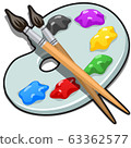 A palette with paint and brushes isolated on white background. Vector cartoon close-up illustration. 63362577