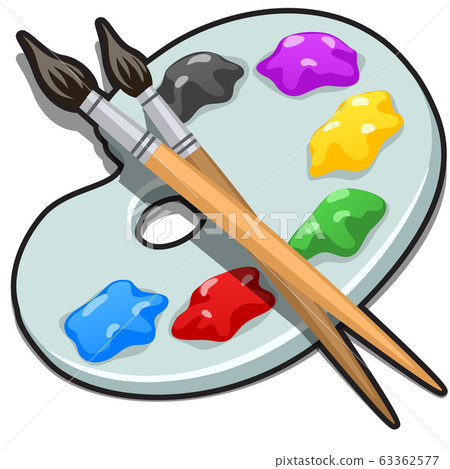 A palette with paint and brushes isolated on white background. Vector cartoon close-up illustration. A palette with paint and brushes isolated on white background. Vector cartoon close-up illustration. 63362577