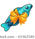 A souvenir in the form of fish tied with orange ribbon bow isolated on white background. Vector cartoon close-up illustration. 63362580