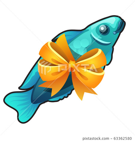 A souvenir in the form of fish tied with orange ribbon bow isolated on white background. Vector cartoon close-up illustration. A souvenir in the form of fish tied with orange ribbon bow isolated on white background. Vector cartoon close-up illustration. 63362580