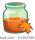 Transparent glass jar with orange liquid and maple leaf isolated on white background. Vector cartoon close-up illustration. 63362586