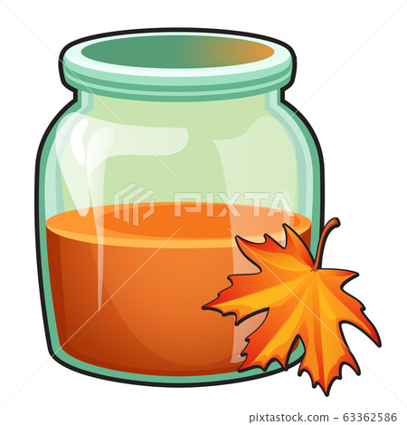 Transparent glass jar with orange liquid and maple leaf isolated on white background. Vector cartoon close-up illustration. Transparent glass jar with orange liquid and maple leaf isolated on white background. Vector cartoon close-up illustration. 63362586