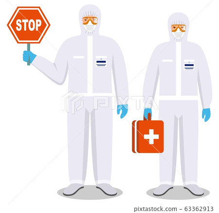 Medical concept. Couple of doctors man and woman standing together in protective suits and masks. Virus, infection, epidemic, quarantine. Dangerous profession. Vector illustration. Medical concept. Couple of doctors man and woman standing together in protective suits and masks. Virus, infection, epidemic, quarantine. Dangerous profession. Vector illustration. 63362913