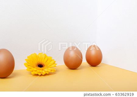 Spring and easter concept. A row of brown eggs and a yellow flower Spring and easter concept. A row of brown eggs and a yellow flower 63362919