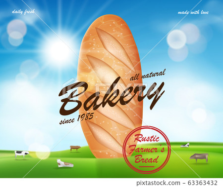 Realistic Bakery ads banner, delicious french baguette bread on countryside with cows. Bakery shop promo banner. Vector illustration Realistic Bakery ads banner, delicious french baguette bread on countryside with cows. Bakery shop promo banner. Vector illustration 63363432