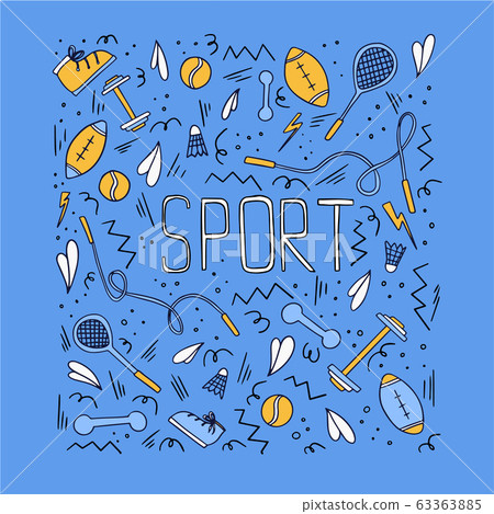 Sports illustration with different sport symbols. Vector active lifestyle illustration in doodle style with typography. Sports illustration with different sport symbols. Vector active lifestyle illustration in doodle style with typography. 63363885