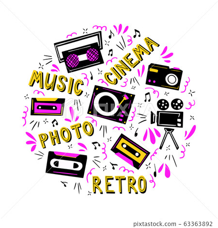 Retro music round frame in doodle style. Vector illustration with different art elements. Retro music round frame in doodle style. Vector illustration with different art elements. 63363892