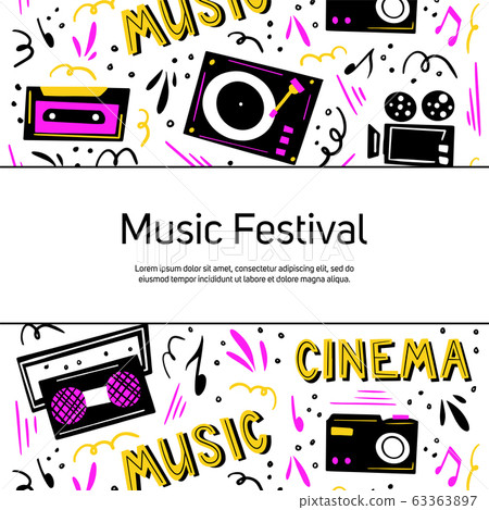 Vector illustration with music elements, music player, tape recorder, movie camera, cassette. 63363897