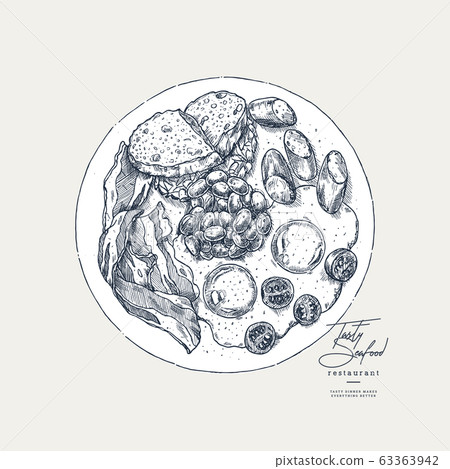 English breakfast engraved illustration.  63363942