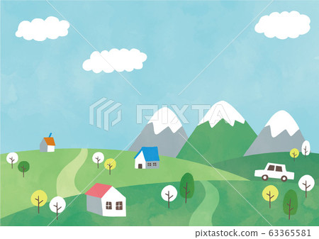 Mountain, house and car illustration colorful watercolor style Mountain, house and car illustration colorful watercolor style 63365581