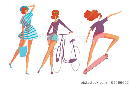 Young Red-haired Woman Skateboarding and Cycling Vector Set 63366632