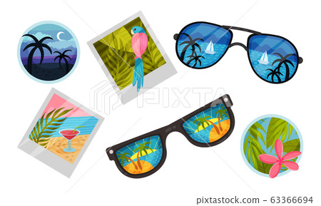 Summer Vacation Attributes with Sunglasses and Photographs Vector Set 63366694