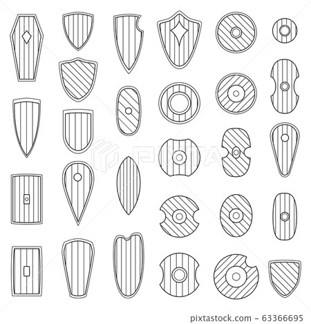 Set of simple monochrome vector images of medieval shields and bucklers drawn by lines. Set of simple monochrome vector images of medieval shields and bucklers drawn by lines. 63366695