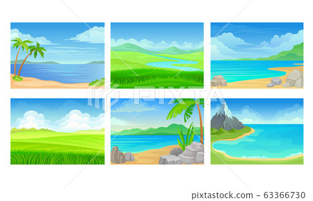 Beach and Mountain Scenes and Landscapes Vector Set 63366730