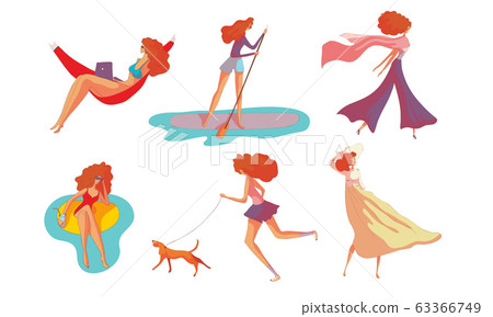 Young Red-haired Woman Sitting in Hammock with Laptop and Walking the Dog Vector Set Young Red-haired Woman Sitting in Hammock with Laptop and Walking the Dog Vector Set 63366749